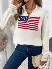 SHEIN LUNE Jersey holgado de punto casual con cierre de media cremallera y estampado de bandera de los Estados Unidos para mujer, otoño/invierno - Beis - Ver 4