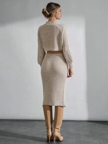 SHEIN Cottnline Cable & Waffle Knit Lantern Sleeve & Slit Skirt Co-Ords - Beige - View 4