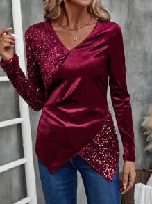EMERY ROSE Women's Solid Color V-Neck Sequin Patchwork Long Sleeve Shirt