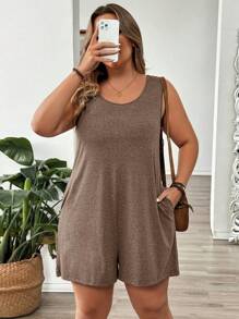 SHEIN LUNE Mono informal de talla grande para mujer con cuello redondo, bolsillos dobles y unicolor de verano