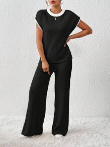 EMERY ROSE 2pcs/Set Women's Loose Knit Casual Contrast Trim & Drawstring Sweater & Pants - Black - View 5