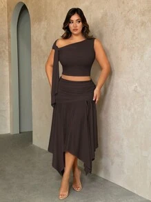 SHEIN BAE Bộ đồ mùa hè sành điệu dành cho nữ cỡ lớn, gồm áo dệt kim và chân váy xẻ tà, trang phục thường ngày. - Cà phê nâu - Xem 7