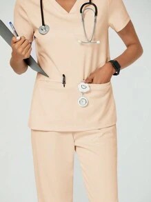 TaskEZ 2 chiếc áo cổ chữ V chắc chắn có túi và quần Bộ đồng phục điều dưỡng - Màu be - Xem 7