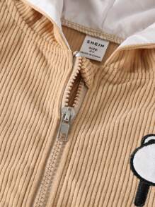 SHEIN Toddler Girls Adorable Corduroy Teddy Bear Embroidered Hooded Zip-Up Jacket - Khaki - View 5