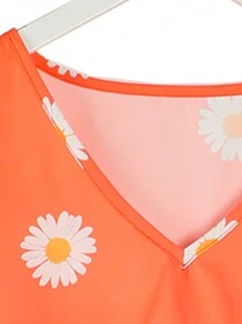 SHEIN LUNE Women's Fashionable Daisy Printed Short Sleeve Shirt - Orange - View 3