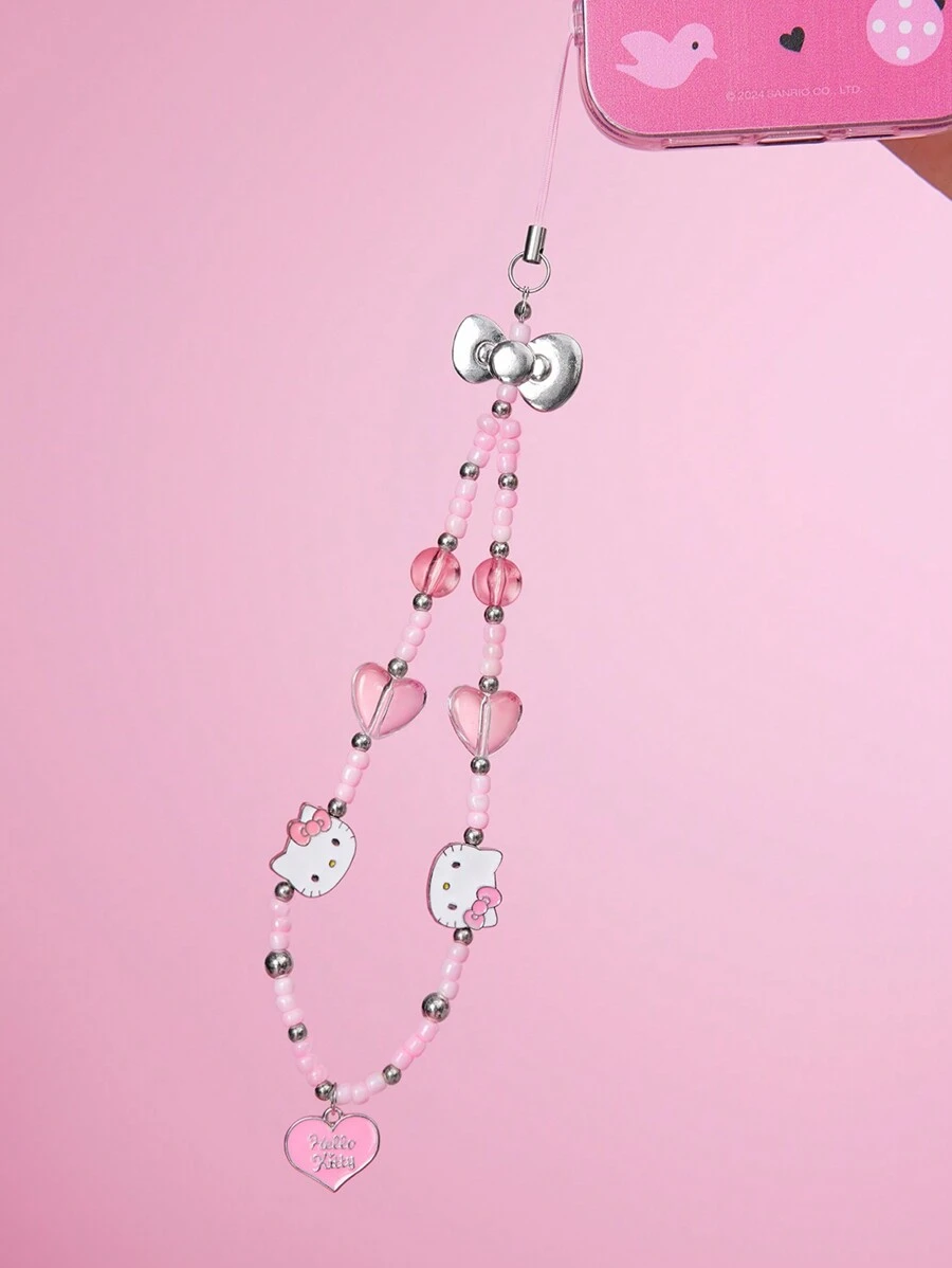 HELLO KITTY AND FRIENDS | SHEIN 可爱手工串珠粉色卡通猫咪合金手机链手机挂绳，适用于所有手机壳，情人节礼物 - 彩色 - 查看 1