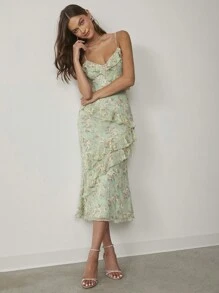 Enchnt Women Floral Print Ruffle Trim Spaghetti Strap Dress,Sweet&Elegant Outfit For Valentine's Day&Christmas Party&New Years&Birthday&Holiday &Sweet Date Night,Sage Green Dress