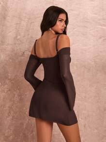 SHEIN BAE Summer Sexy  Lace Panel Sheer Sleeve Mini Dress - Coffee Brown - View 2