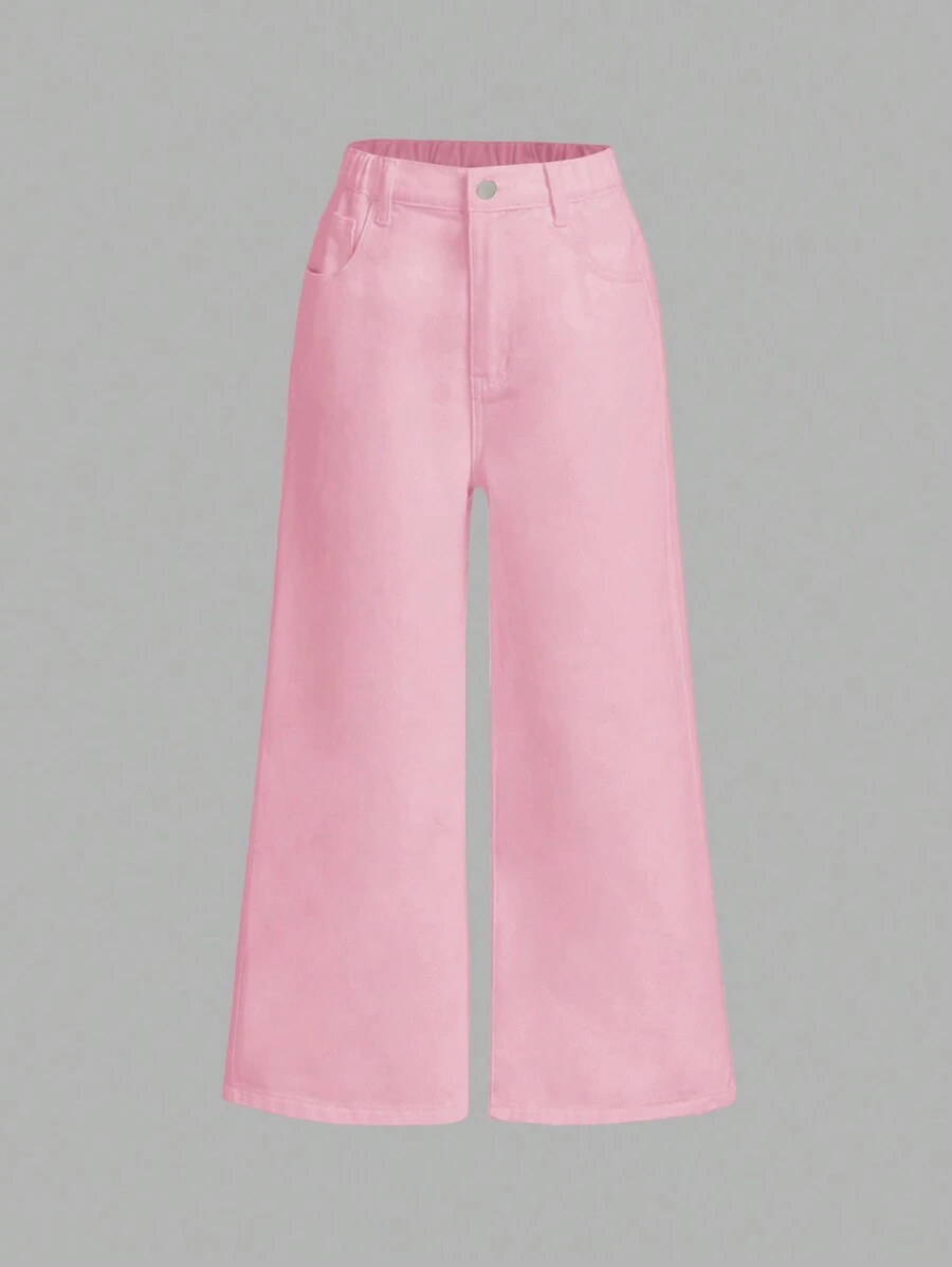 SHEIN Quần Jeans Ống Rộng 9 Điểm Cơ Bản Thường Ngày Màu Trắng Cho Bé Gái Tuổi Teen - Hồng - Xem 1
