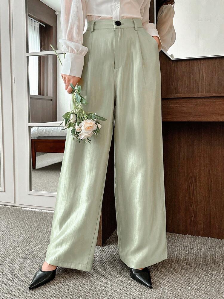 Women's Solid Color Business Casual Wide Leg Pants With Pockets