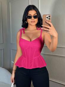 SHEIN SXY 女士纯色蕾丝边吊带背心，夏季 - 玫紅色 - 查看 5