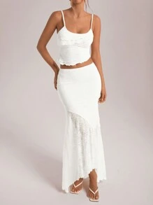 Aloruh Women's Spring Summer Holiday/Wedding Lace Asymmetric Hem Camisole Top And Low Waist Ruffle Hem Mermaid Skirt 2-Piece Set