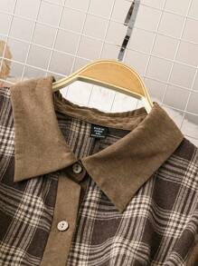 SHEIN LUNE 大码女式格子纯色拼布长袖连衣裙