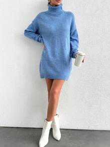 EURMUSE Gola Alta Ombro Caído Vestido De Tricô - Azul - Ver 3