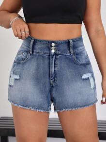 SHEIN EZwear Damen Große Größen Denim Shorts mit Stickerei Verzierung
