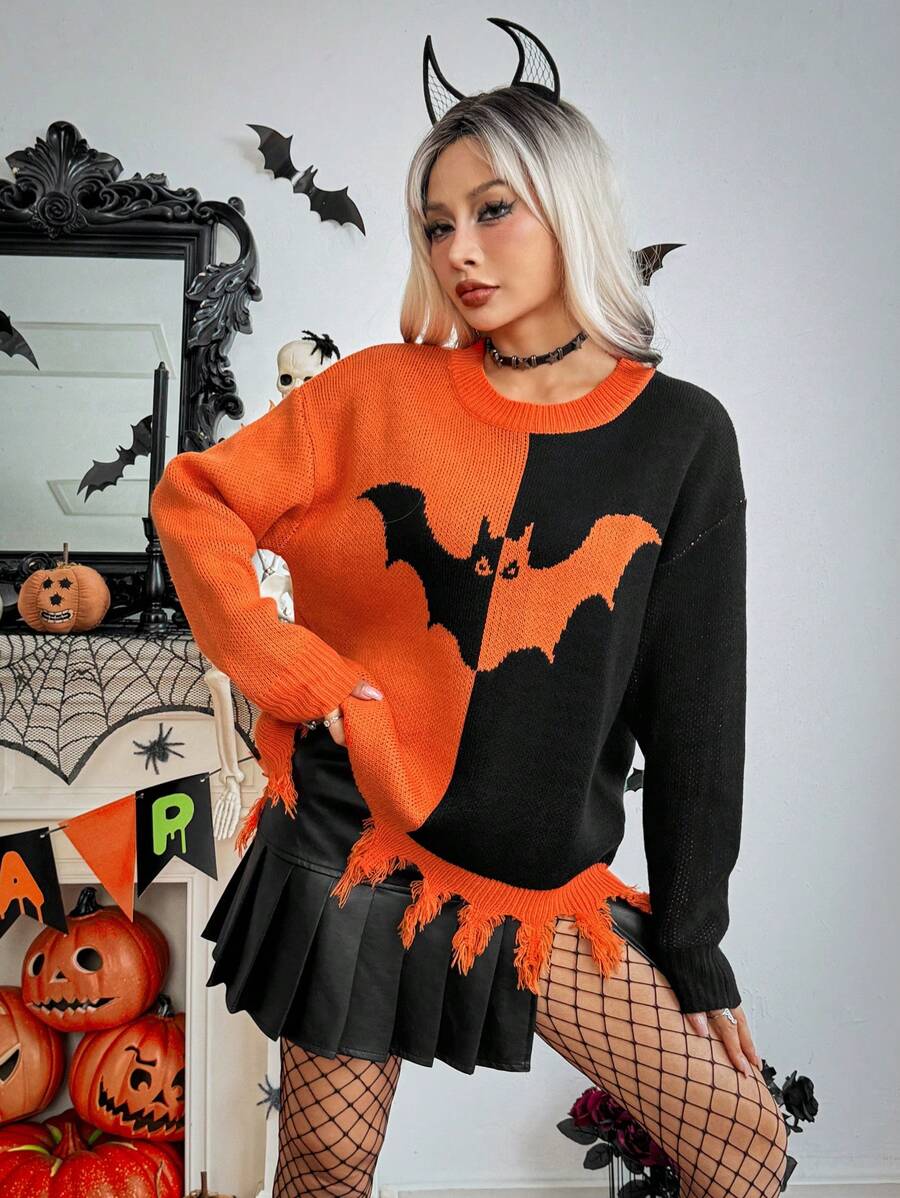 Chiquease Women's Colorblock Bat Wing Pattern Crew Neck Long Sleeve Knitted Sweater, Fall Winter - Multicolor - View 1