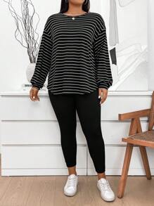 SHEIN LUNE Plus Size Fall Women Black & White Striped 2-Piece Set: Striped T-Shirt & Leggings, Casual Sports Workout Set Women Clothing Sets Airport Women Outfits Outfit Sets Two Pieces Piece Set Travel Outfit Airport