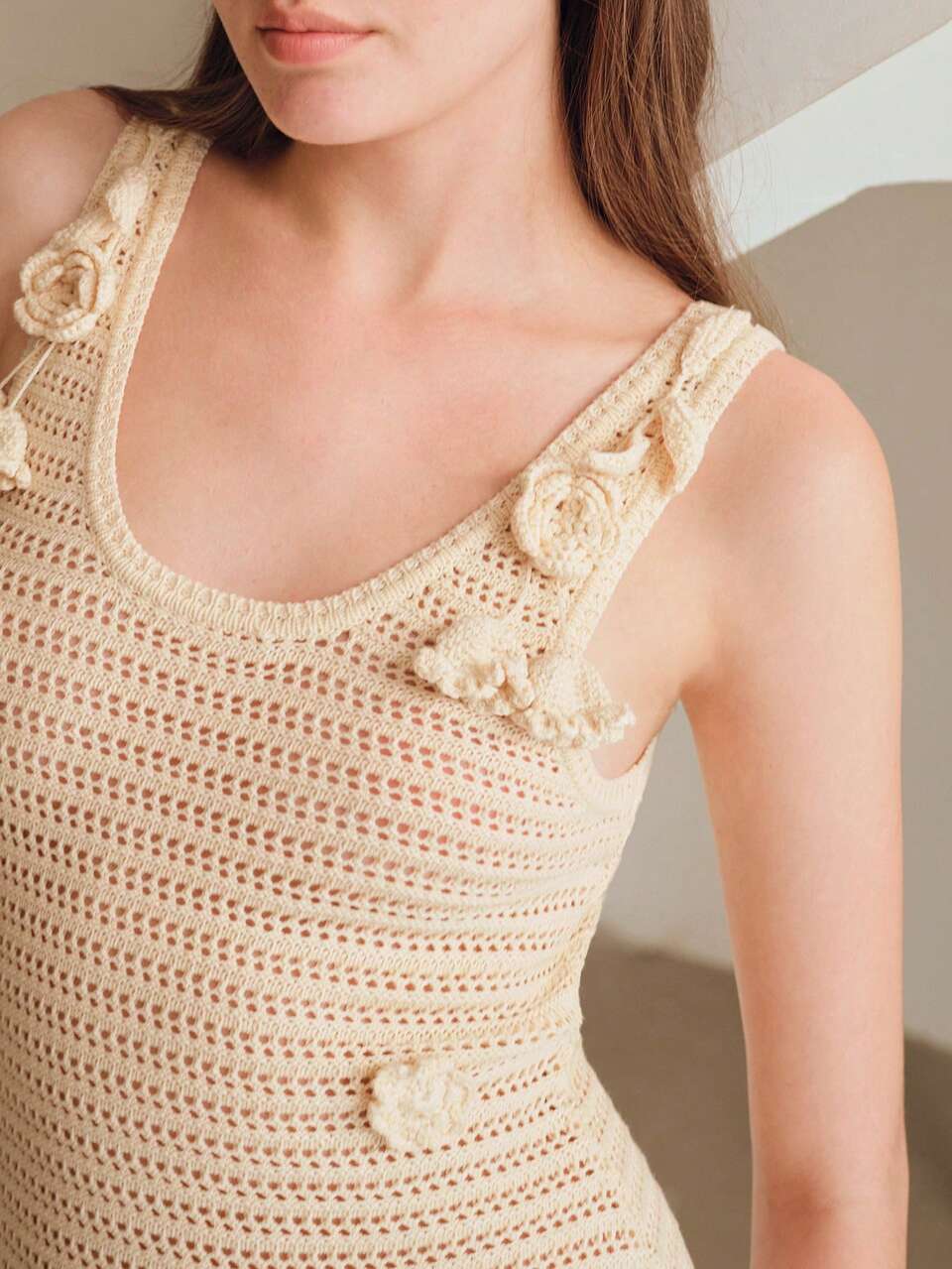 MOTF CROCHET STEREO FLOWER DETAIL SEMI-SHEER MERMAID HEM MAXI DRESS