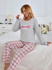 EURMUSE Cotton 2Pcs  Slogan Printed Long Sleeve And Multicolour Detail Sleep Bottom PJ Set - Grey - View 3
