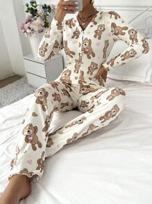 Miss Vinta 可爱小熊印花长袖连体睡衣，舒适优雅的细节设计，秋冬必备 - 杏色 - 查看 1