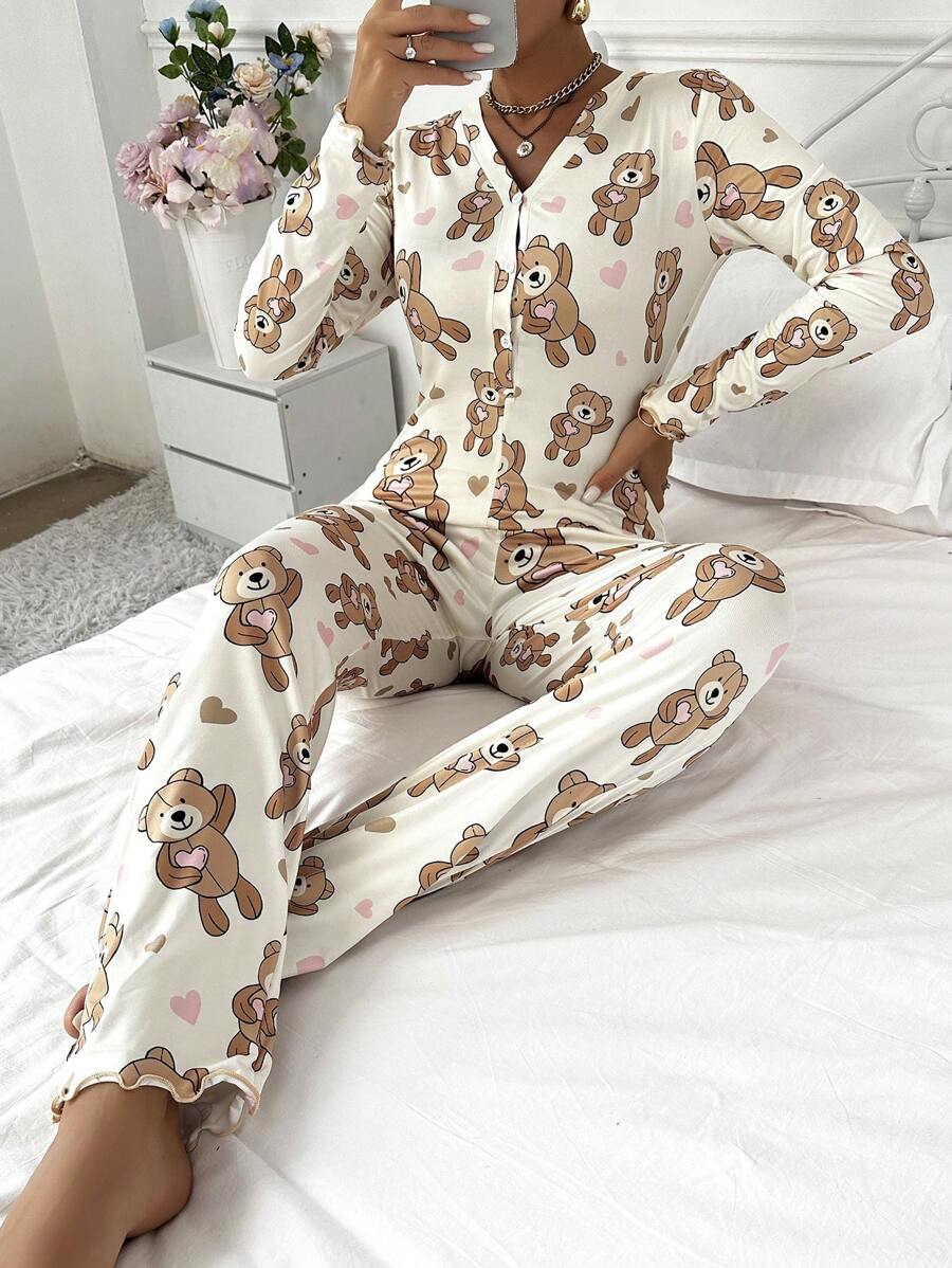 Miss Vinta 可爱小熊印花长袖连体睡衣，舒适优雅的细节设计，秋冬必备 - 杏色 - 查看 1