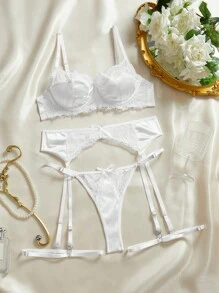 Bộ đồ lót ren có gọng garter tương phản kèm 1 cặp vòng chân - trắng - Xem 1