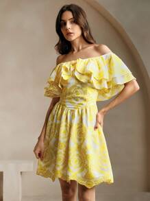 Anewsta 露肩层叠荷叶边刺绣海滩度假连衣裙 - 黃色 - 查看 6