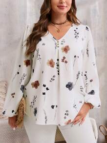 EMERY ROSE Plus Size Women's Fall Clothes Floral Print V-Neck Lantern Sleeve Loose Long Sleeve Blouse,Flower/Spring/Summer/Vacation - Multicolor - View 4