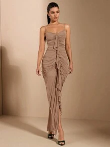 SHEIN BAE Sexy And Elegant Bust Cup Tight Ruched Front Large Ruffle Decoration Long Dress For Women,Valentine's Day,Valentine Outfits For Women - Khaki - View 3