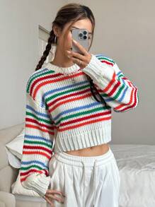 SHEIN Unity 彩色条纹针织简约日常套头毛衣，秋冬季 - 彩色 - 查看 1