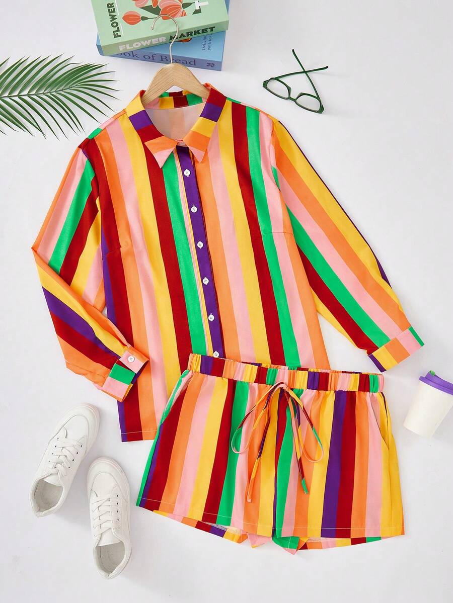 Maweii Áo sơ mi in sọc cầu vồng cỡ lớn có cổ ve và cài nút phía trước + quần short Bộ đồ hai mảnh mùa hè - trái cam - Xem 1