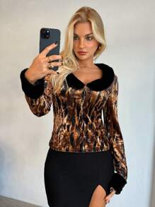 Aloruh Blusa de mujer para otoño e invierno, cálida, de terciopelo, con bloques de color, estampado de leopardo, patchwork y textura esponjosa - Multicolor - Ver 1