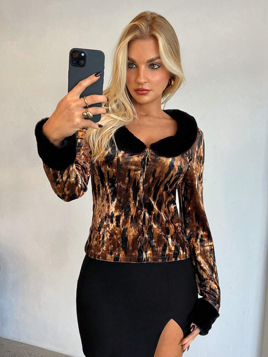Aloruh Blusa de mujer para otoño e invierno, cálida, de terciopelo, con bloques de color, estampado de leopardo, patchwork y textura esponjosa - Multicolor - Ver 1