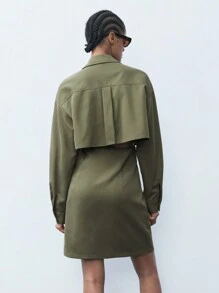 Maija 女士春秋休闲纯色前扣衬衫裙 - 軍綠色 - 查看 2