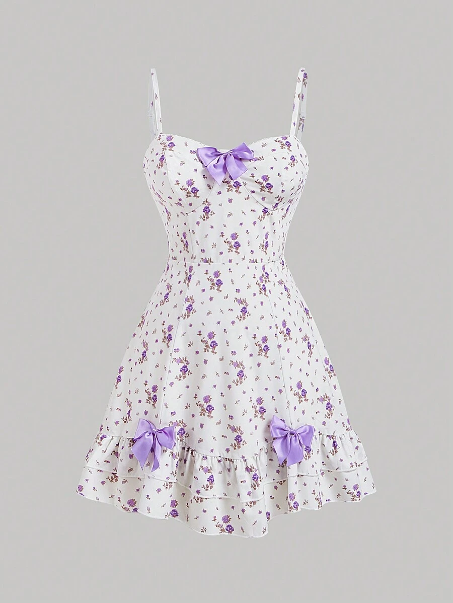 SHEIN MOD 加大码杏色花卉印花蝴蝶结装饰腰部喇叭 A 字夏季吊带背心连衣裙 - 中紫紅色 - 查看 1