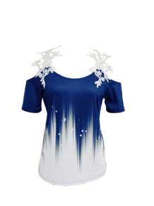 SHEIN LUNE Women Summer Casual Floral Lace Trim Off Shoulder Short Sleeve T-Shirt