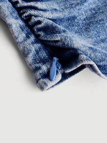 SHEIN MOD 女士不对称领口蝴蝶结露背优雅牛仔上衣 - 深色水洗藍 - 查看 4