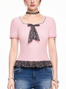 ROMWE Kawaii Áo thun nữ họa tiết da báo & nơ dễ thương cổ yếm, eo vừa vặn - Hồng - Xem 2