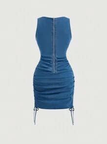 SHEIN MOD Ladies' Simple Solid Color Sleeveless Denim Dress For Daily Wear - Medium Wash - View 2