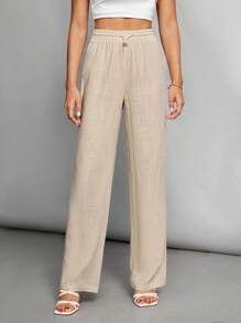 SHEIN Tall Women's Linen Slub Trousers - Khaki - View 3