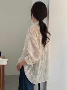 DAZY 女士商务休闲纹理宽松透明衬衫，校服长袖上衣