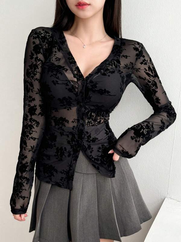 Joudiya Women's Spring/Summer Floral Mesh Single-Breasted Long Sleeve Blouse Going Out Tops Sheer