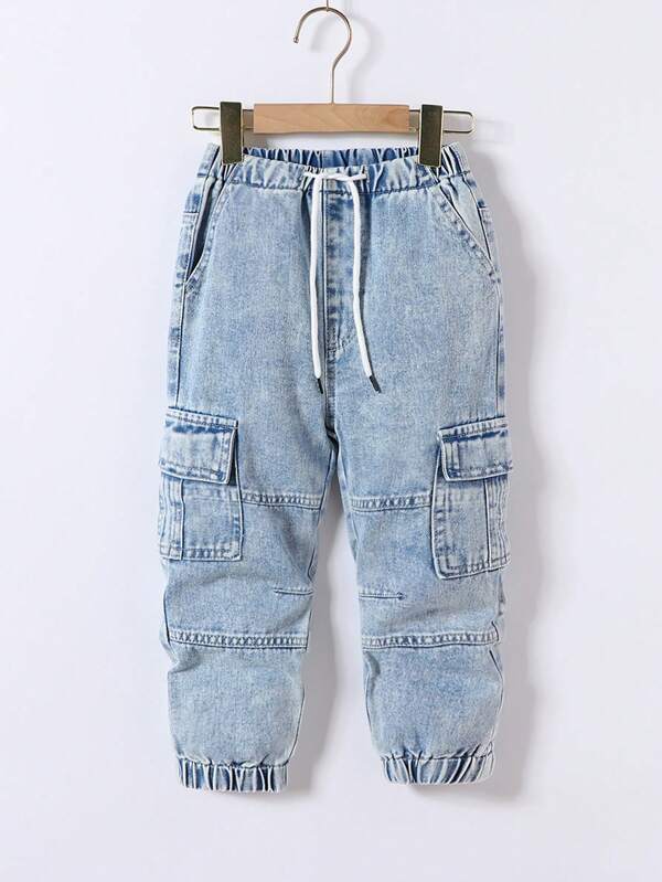 Young Boy Retro Casual Street Style Cool Multi-Pocket Loose And Comfortable Full Elastic Waist Drawstring Cuff Denim Overalls