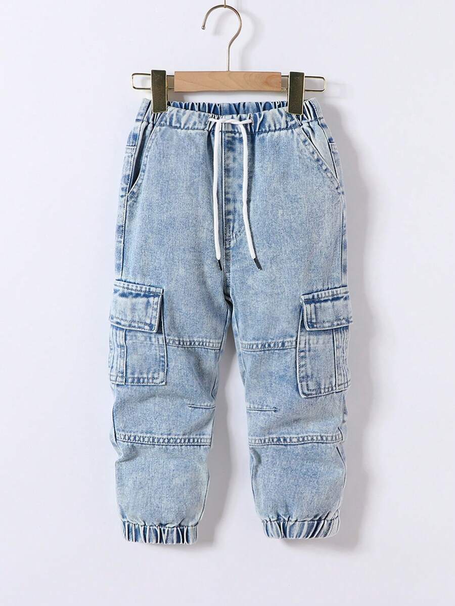 SHEIN Young Boy Retro Casual Street Style Cool Multi-Pocket Loose And Comfortable Full Elastic Waist Drawstring Cuff Denim Overalls, School, Campus, College Summer Holiday