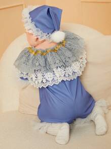 Tenues d'automne et d'hiver pour bébés filles, 2 pièces, avec chapeau, garniture en dentelle bleue, Tulle multicouche, Costume élégant de luxe, accessoire Photo - Bleu azur - Voir 2