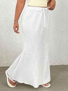 SHEIN EZwear Plus Size Cotton Drawstring White Maxi Skirt - Beige - View 4
