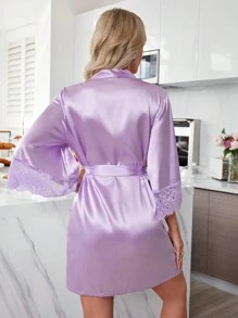 女士 V 领半袖腰系带时尚蕾丝边长袍 - 紫色 - 查看 2