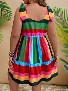 Travachic Plus Size Váy ngắn không tay sọc đầy màu sắc cho kỳ nghỉ & trang phục thường ngày - Màu xanh lá cây đậm - Xem 2