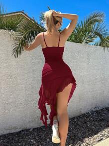 Sweetina Summer Vacation Solid Color Draped Neck Floral Decor Ruffle Asymmetric Hem Spaghetti Strap Dress