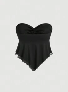 SHEIN MOD Plus Size Brown V-Neck Ruffle Hem Bowknot Crop Top